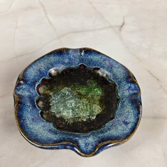 Vintage Small Studio Art Pottery Trinket Dish/Ashtray Blue Glaze Fused Glass - Picture 4 of 7